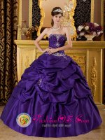 Purple Beautiful Strapless Quinceanera Dress With Beaded Bodice and Pick-ups Custom Made in Santa Ana CA