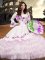 Deluxe White Square Lace Up Embroidery and Ruffled Layers Military Ball Gown Long Sleeves