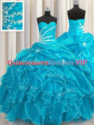 Aqua Blue Sweetheart Lace Up Beading and Appliques and Ruffles Quinceanera Dresses Sleeveless