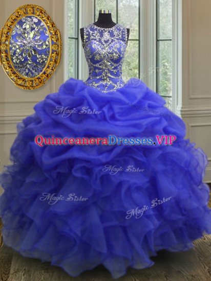 Ball Gowns 15 Quinceanera Dress Royal Blue Scoop Organza Sleeveless Floor Length Lace Up - Click Image to Close