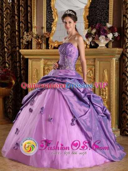 Oregon Wisconsin/WI Hand Made Flowers Appliques Stylish Lavender Quinceanera Dress For Strapless Taffeta Ball Gown - Click Image to Close