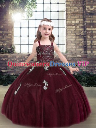 Perfect Burgundy Ball Gowns Straps Sleeveless Tulle Floor Length Lace Up Beading and Appliques Little Girls Pageant Gowns