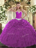 Sweetheart Sleeveless Ball Gown Prom Dress Floor Length Appliques and Ruffles Fuchsia Organza