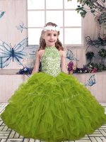 Dazzling Sleeveless Floor Length Beading and Ruffles Lace Up Child Pageant Dress with Olive Green