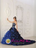 Perfect Royal Blue Appliques Chapel Train Quinceanera Dress For Jaffrey New hampshire/NH Sweetheart Taffeta and Organza Ball Gown