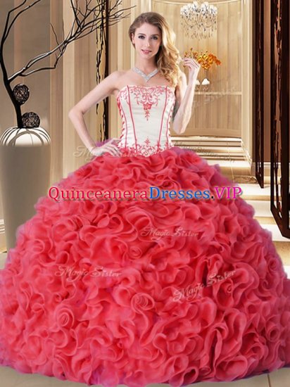 Beauteous Floor Length Coral Red 15 Quinceanera Dress Strapless Sleeveless Lace Up - Click Image to Close