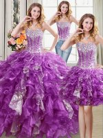 Customized Three Piece Purple Lace Up Sweet 16 Dress Beading and Ruffles and Sequins Sleeveless Floor Length