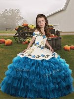 Custom Design Blue Straps Lace Up Embroidery and Ruffled Layers Little Girls Pageant Dress Sleeveless