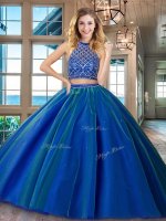 Fashion Two Piece HalterHalter Top Beading Sweet 16 Dress Royal Blue Backless Sleeveless Brush Train