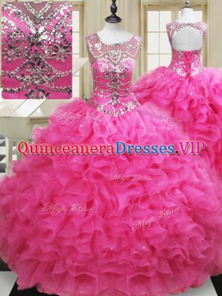 Scoop Sleeveless Lace Up Sweet 16 Dress Hot Pink Organza