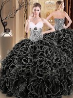 New Arrival Organza Sweetheart Sleeveless Lace Up Ruffles and Pattern Quinceanera Gowns in Black