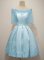 Fancy Knee Length Light Blue Court Dresses for Sweet 16 Off The Shoulder Half Sleeves Lace Up