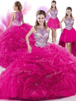 Hot Sale Four Piece Pick Ups Floor Length Hot Pink Quinceanera Dress High-neck Sleeveless Zipper