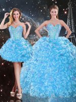 Fitting Organza Sweetheart Sleeveless Lace Up Beading and Ruffles Ball Gown Prom Dress in Baby Blue