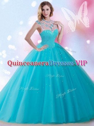 Attractive High-neck Sleeveless Sweet 16 Dress Floor Length Beading and Sequins Aqua Blue Tulle