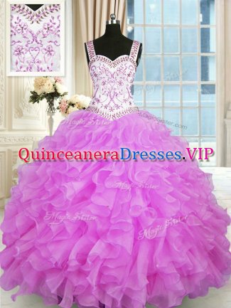 Custom Made Sleeveless Lace Up Floor Length Beading and Ruffles Quince Ball Gowns