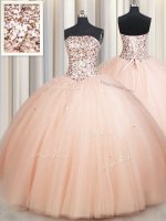 Luxury Peach Strapless Lace Up Beading Quinceanera Dress Sleeveless