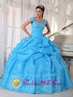 Richmond Indiana/IN Taffeta Sky Blue Off The Shoulder Quinceanera Dress With Deaded Bodice