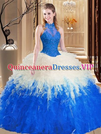 Blue And White Ball Gowns Tulle High-neck Sleeveless Lace and Appliques and Ruffles Floor Length Backless 15th Birthday Dress