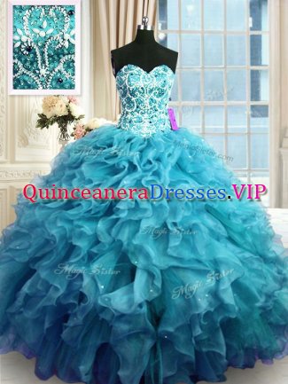 Extravagant Teal Ball Gowns Organza Sweetheart Sleeveless Beading and Ruffles Floor Length Lace Up Quinceanera Gowns