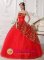 Oullins France Lace Appliques Decorate Inexpensive Red Quinceanera Dress With Tulle Custom Made