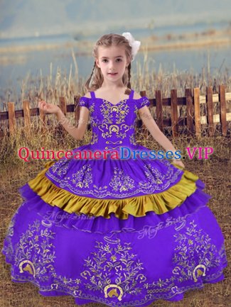 Lavender Off The Shoulder Neckline Beading and Embroidery Little Girls Pageant Gowns Sleeveless Lace Up