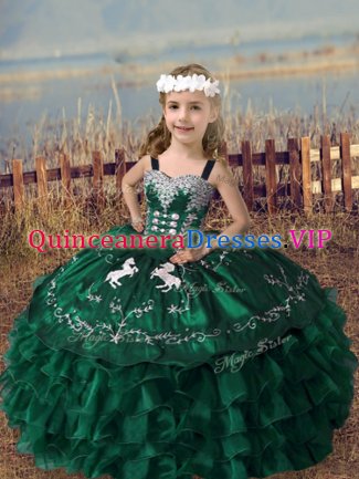 High Class Dark Green Organza Lace Up Custom Made Pageant Dress Sleeveless Floor Length Embroidery and Ruffled Layers