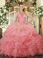 Watermelon Red Organza Lace Up Halter Top Sleeveless Floor Length Sweet 16 Dress Beading and Ruffles and Pick Ups(SKU SJQDDT1215002-3BIZ)