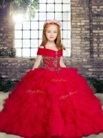 Fashion Sleeveless Floor Length Beading and Ruffles Lace Up Pageant Dresses with Red