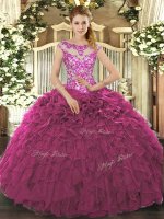 Superior Scoop Cap Sleeves Lace Up Quinceanera Dress Fuchsia Organza(SKU SJQDDT1180002-3BIZ)