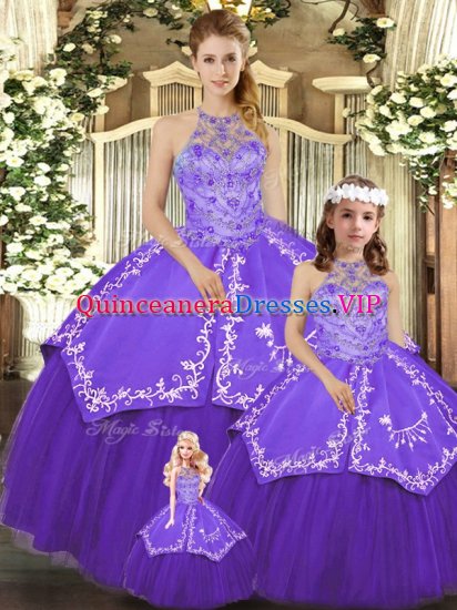 Halter Top Sleeveless Sweet 16 Quinceanera Dress Floor Length Beading and Embroidery Purple Satin and Tulle - Click Image to Close