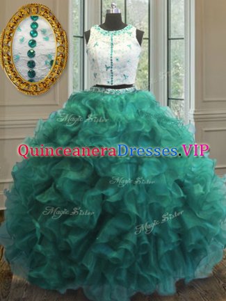 Flirting Scoop Turquoise Sleeveless Organza Clasp Handle Quince Ball Gowns for Military Ball and Sweet 16 and Quinceanera