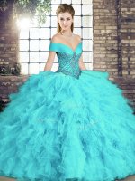 Beading and Ruffles Vestidos de Quinceanera Aqua Blue Lace Up Sleeveless Floor Length