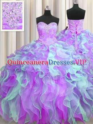 Artistic Sweetheart Sleeveless Organza Quinceanera Gowns Beading and Appliques and Ruffles Lace Up