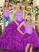 Purple Lace Up Halter Top Beading and Ruffles Quinceanera Dresses Tulle Sleeveless(SKU SJQDDT1286007BIZ)