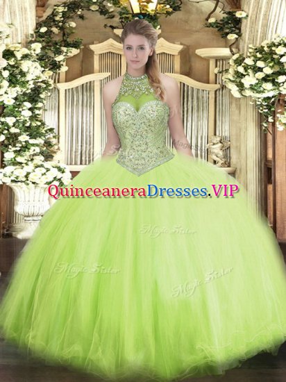 Sleeveless Tulle Floor Length Lace Up Sweet 16 Dress in Yellow Green with Beading - Click Image to Close