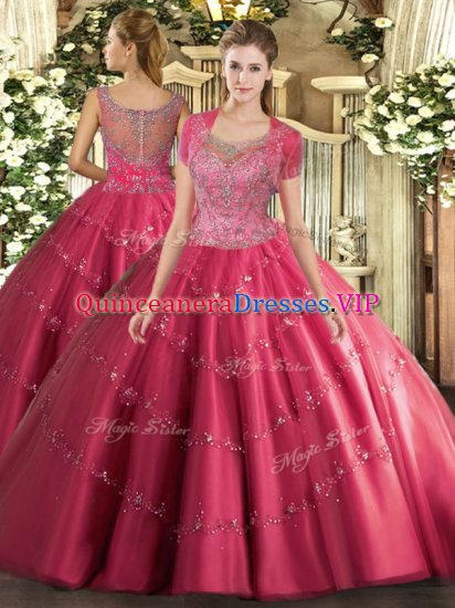 Custom Design Hot Pink Clasp Handle Sweet 16 Dress Beading and Appliques Sleeveless Floor Length - Click Image to Close