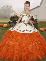 Captivating Orange Red Ball Gowns Embroidery and Ruffles Quince Ball Gowns Lace Up Organza Sleeveless Floor Length