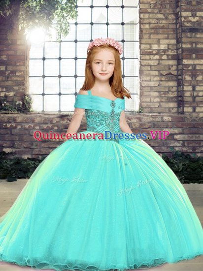 Aqua Blue Sleeveless Brush Train Beading Glitz Pageant Dress - Click Image to Close