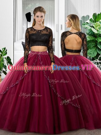 Popular Long Sleeves Floor Length Lace and Ruching Backless 15th Birthday Dress with Fuchsia