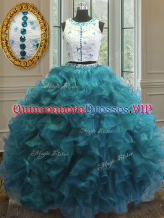 Customized Teal Ball Gowns Organza Scoop Sleeveless Beading and Ruffles Floor Length Clasp Handle Quinceanera Dress