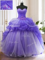 Custom Design With Train Lace Up Sweet 16 Quinceanera Dress Purple for Military Ball and Sweet 16 and Quinceanera with Beading and Ruffled Layers Sweep Train