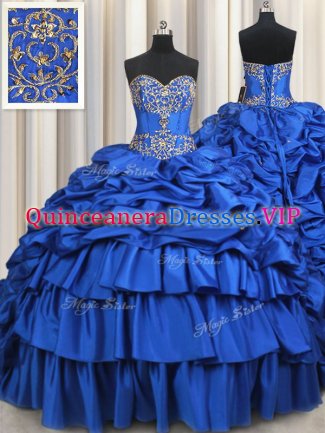 Affordable Taffeta Sleeveless With Train Vestidos de Quinceanera Brush Train and Beading and Ruffled Layers and Pick Ups