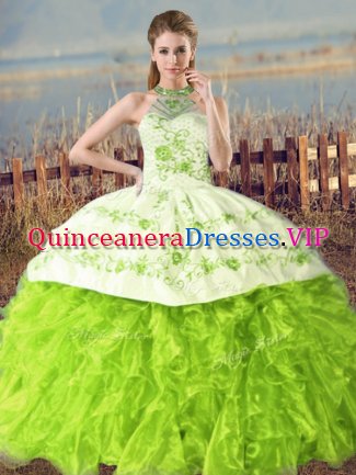 Excellent Lace Up Quinceanera Dress Embroidery and Ruffles Sleeveless Floor Length Court Train