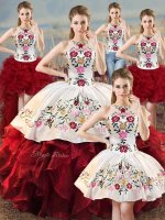 Admirable White And Red Sleeveless Floor Length Embroidery and Ruffles Lace Up Vestidos de Quinceanera