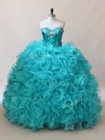 Enchanting Aqua Blue Sleeveless Floor Length Ruffles and Sequins Quinceanera Dresses