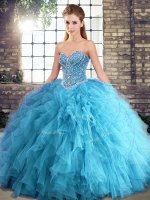 Cute Aqua Blue Sleeveless Beading and Ruffles Floor Length Quinceanera Dresses