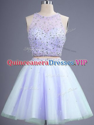 Excellent Lavender Tulle Lace Up Quinceanera Court of Honor Dress Sleeveless Knee Length Beading