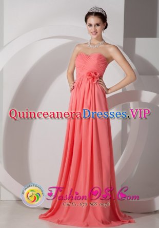 Watermelon Chiffon Empire Sweetheart Ruch and Hand Made Flowers Brush Train Quinceanera Dama Dress In Junin Argentina