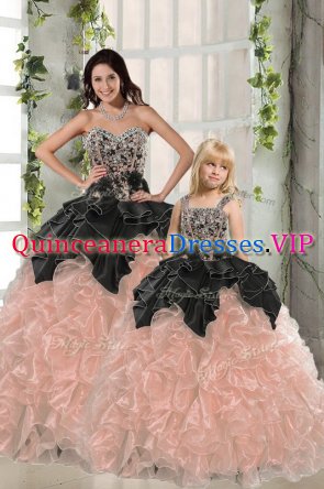 Glittering Peach Sweet 16 Dress Military Ball and Sweet 16 and Quinceanera with Beading and Ruffles Sweetheart Sleeveless Lace Up